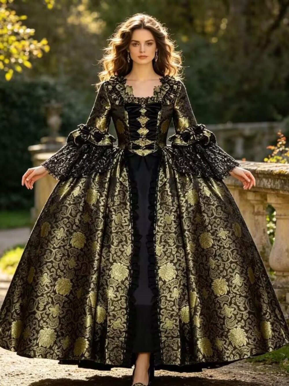 NEW 18th Century Rococo Baroque Style Black & Gold Gown XXL